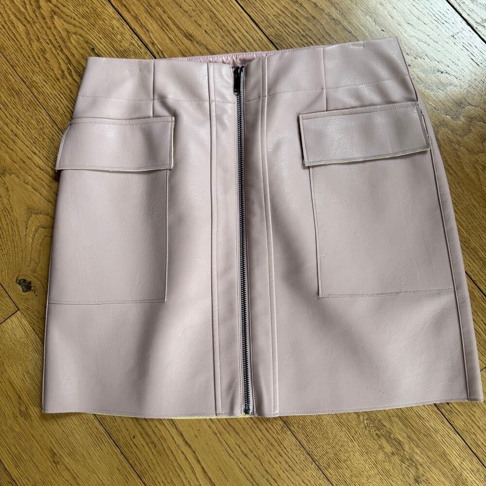 21 Saints Pink Faux Leather Mini Skirt SZ L Pockets Zipper Punk Rocker Feminine